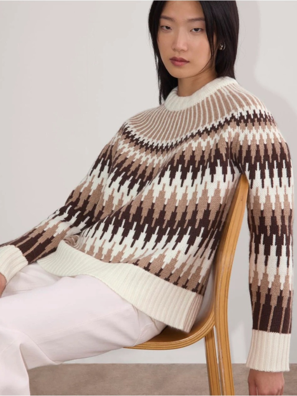 Everlane 100% Wool Fair Isle Crew Neck Sweater Bone/Brown Luxury Warm. ‎  10 - Picture 4 of 12